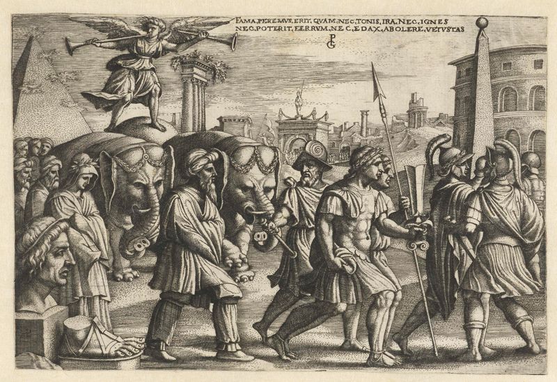 Grabado de Georg Pencz que muestra una figura femenina con una corona de laurel y vestiduras fluidas