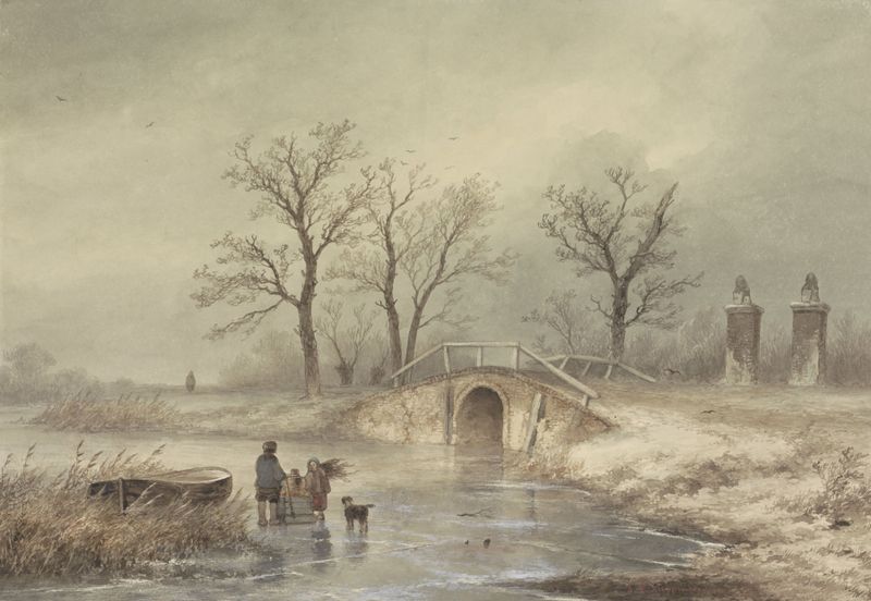 Winterlandschap oil painting by Johannes Franciscus Hoppenbrouwers depicting a snowy landscape with trees.