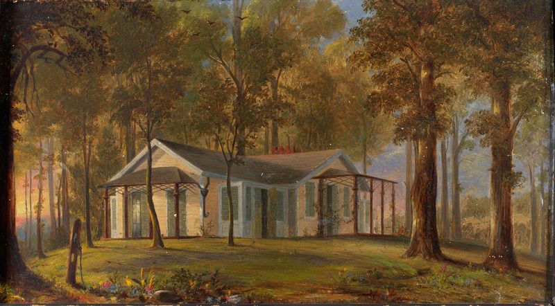 Paisagem com uma pequena figura em frente a Kalorama Cottage, pintura a óleo de John Ferguson Weir