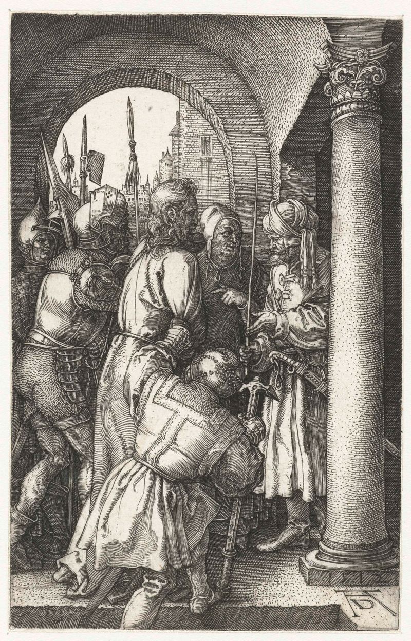 Grabado Christus voor Pilatus de Albrecht Dürer mostrando a Cristo rodeado de una multitud tensa