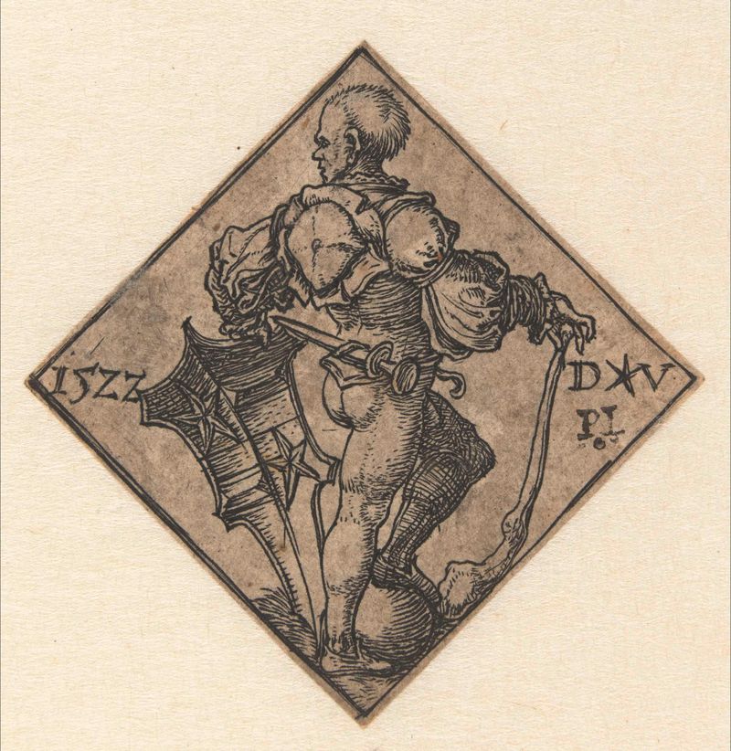 Engraving of a soldier in armor holding a shield by Dirck Vellert