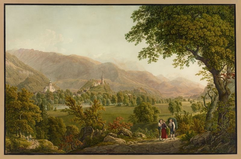 Landscape featuring hillside and architecture by Johann Heinrich Luttringhausen