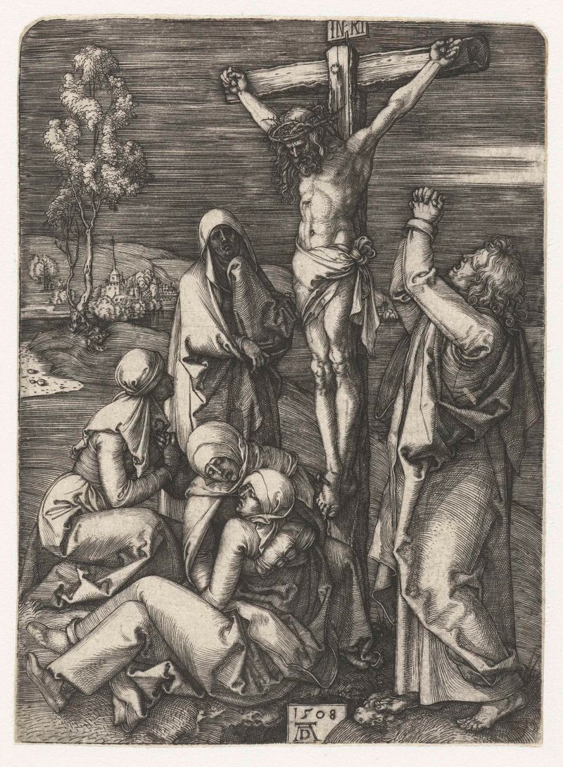 Engraving by Albrecht Dürer depicting the crucifixion of Christ in a landscape.