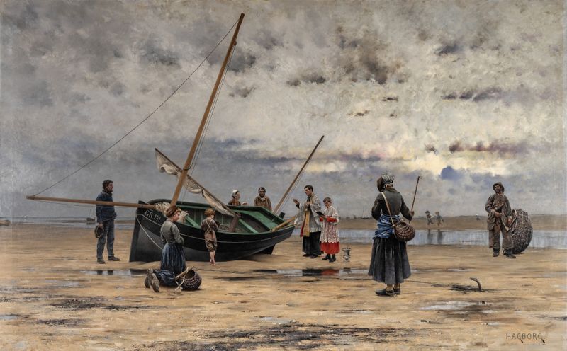Oil painting by August Hagborg depicting a priest blessing a fishing boat.