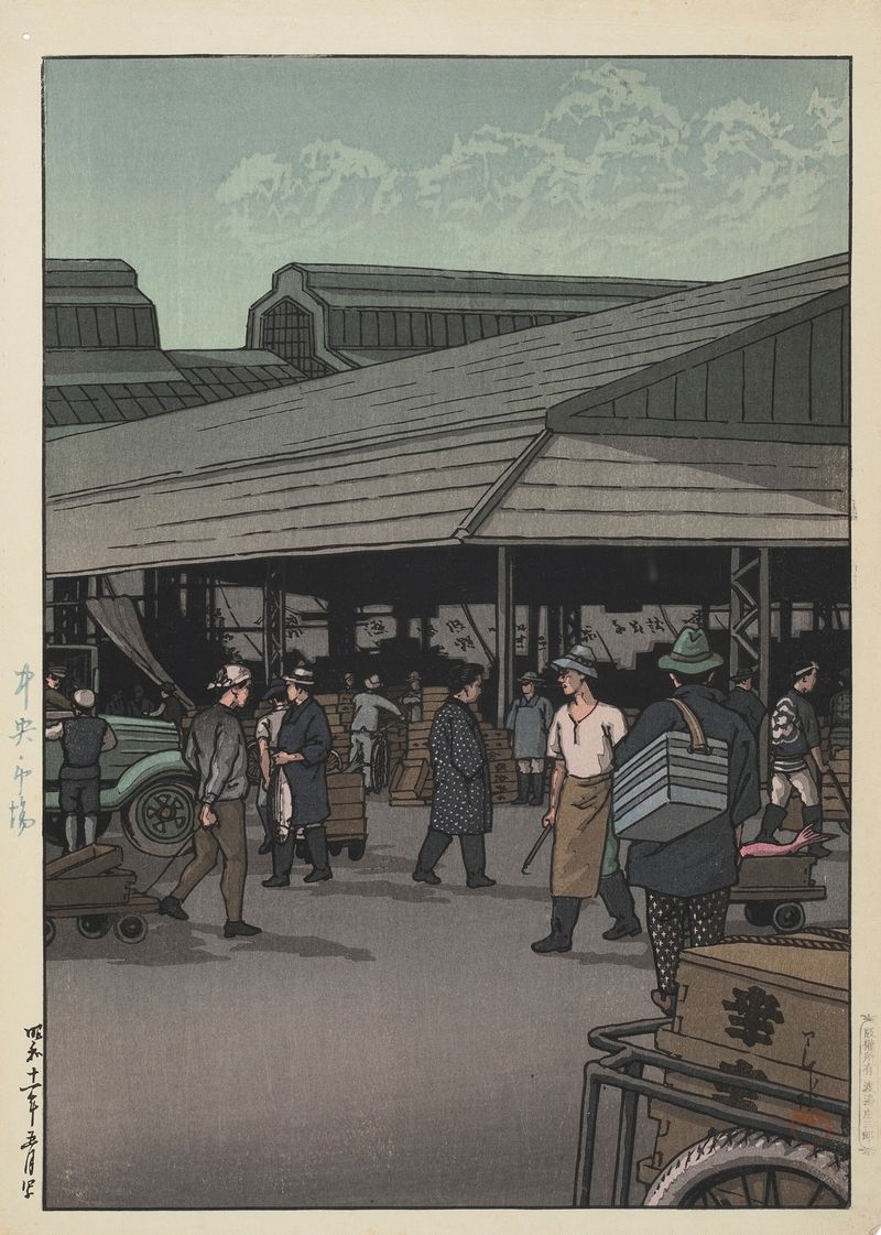 Chuo shijo, um Ukiyo-e de Kawase Hasui, retratando uma cena de mercado vibrante.
