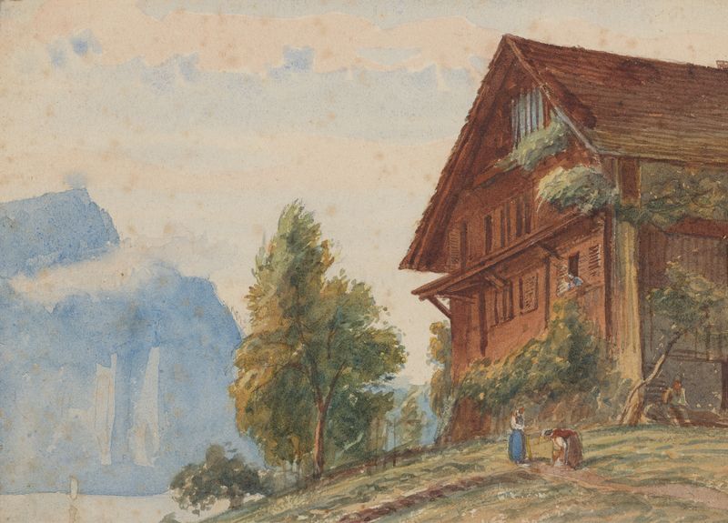 Chalet with figures by Charles Reginald Aston, oil painting depicting figures in a serene natural setting.