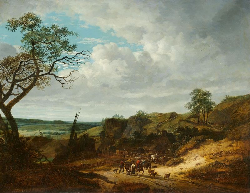 Landschaft mit Herde de Georges Michel, pintura al óleo que muestra colinas suaves bajo un cielo vasto.