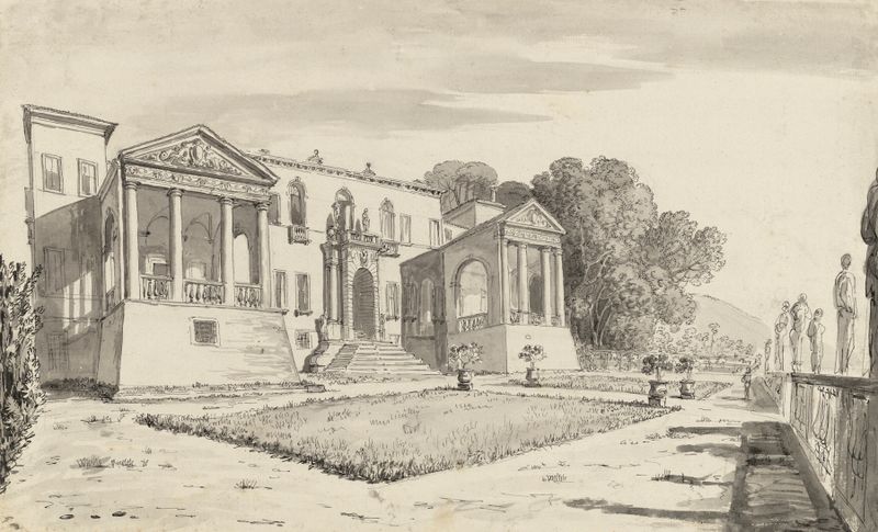 A view of a villa from a terrace with a balustrade, oil painting by Carlo Labruzzi