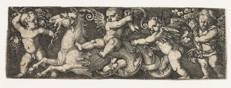 Engraving by Barthel Beham depicting four putti and a sea horse in soft hues