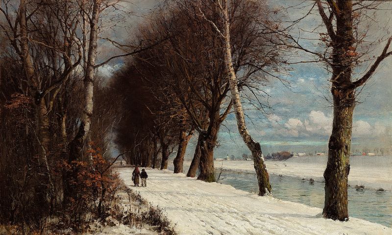 Winter landscape with walking figures, oil on canvas by Anders Andersen-Lundby