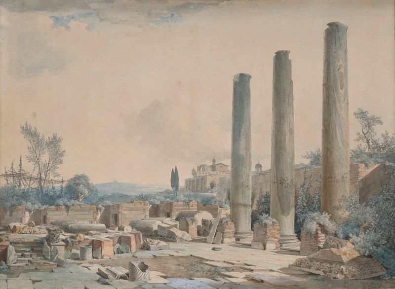 Watercolour by Louis-François Cassas depicting the ruins of Jupiter's temple.