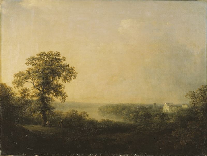 Vista de paisaje con azules y verdes suaves de Carl Johan Fahlcrantz, pintura al óleo