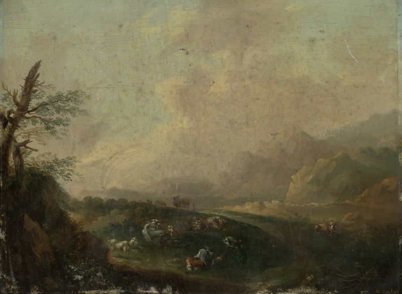 Paisaje con Pastor Descansando de Johann Wilhelm Becker, pintura al óleo que muestra un pastor bajo un árbol.