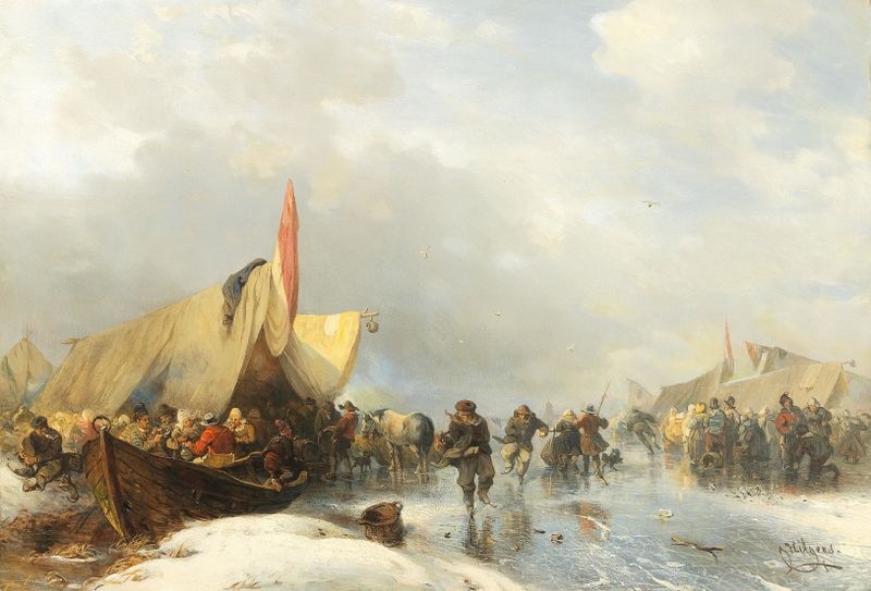 Winter scene with figures ice skating, oil on canvas by Carl Hilgers