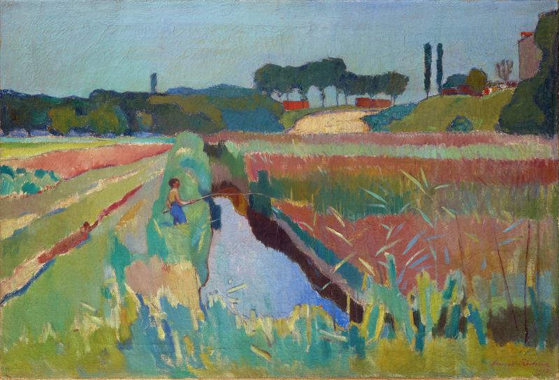 Marshland Near Neudorf With Fishing Boy by Arnold Fiechter, Impressionism