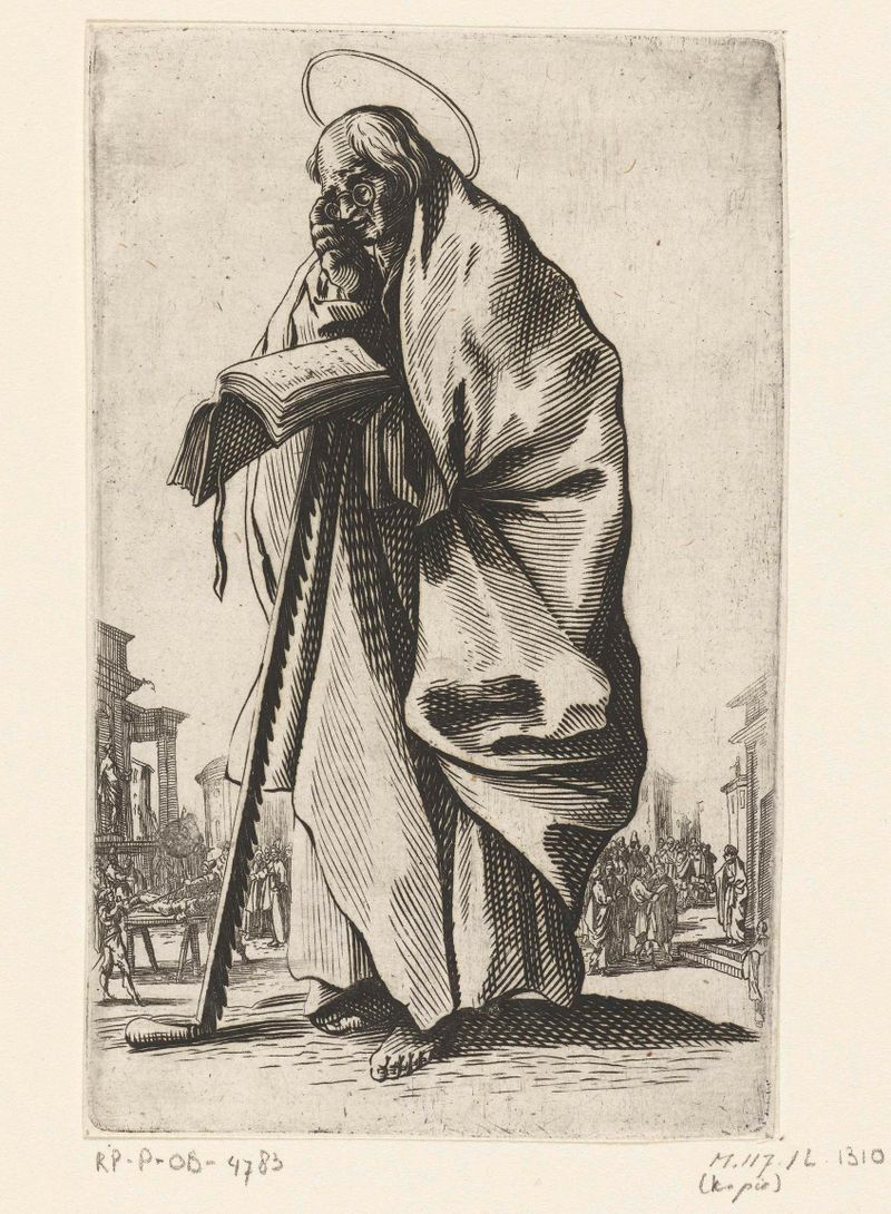 Apostel Simon, uma gravura de Unknown Artist, retratando uma figura em ricos têxteis com luz e sombra.