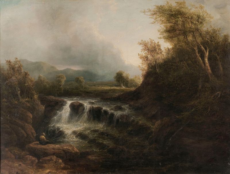 Paisagem de Jacob van Ruisdael, óleo sobre tela representando colinas, céu e árvores.