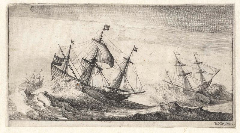 Grabado de Wenceslaus Hollar que muestra barcos en un mar tempestuoso