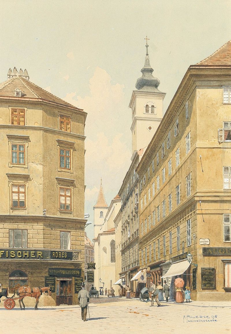 Weihburggasse by Franz Poledne, oil on canvas, depicting a twilight landscape with street lamps and cobblestone streets.