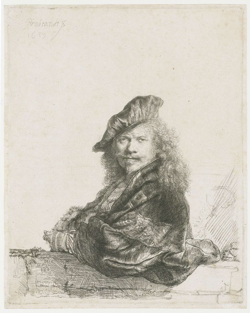 Self-portrait etching by Rembrandt van Rijn leaning on a stone sill.