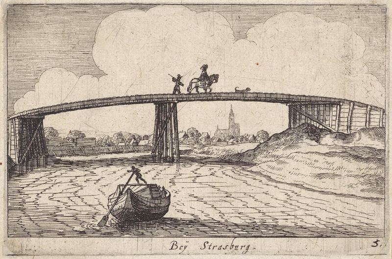 Grabado de Wenceslaus Hollar que representa un puente sobre un río con una ciudad lejana.