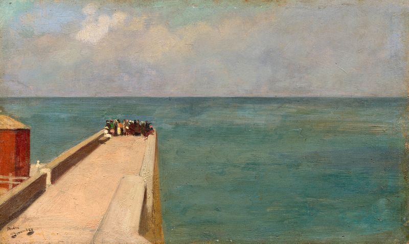 Marine scene with a solitary figure facing water, by André Victor Édouard Devambez, oil painting