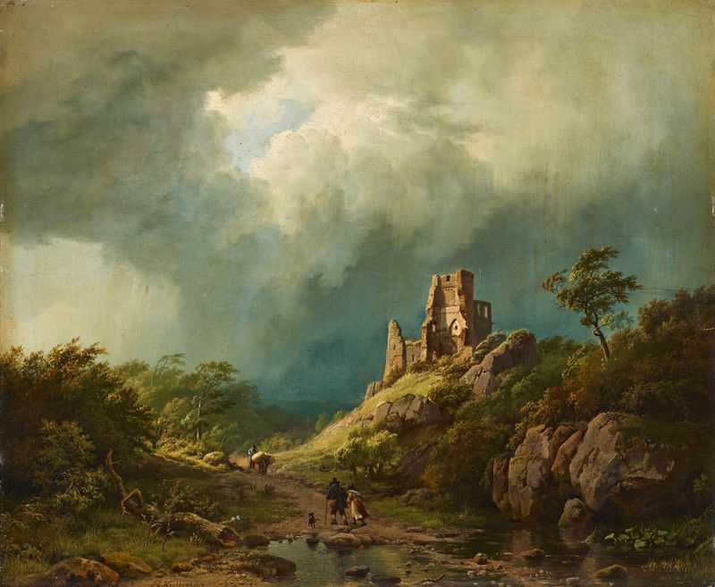 Travellers passing a ruined castle in a stormy landscape, pintura a óleo de Barend Cornelis Koekkoek