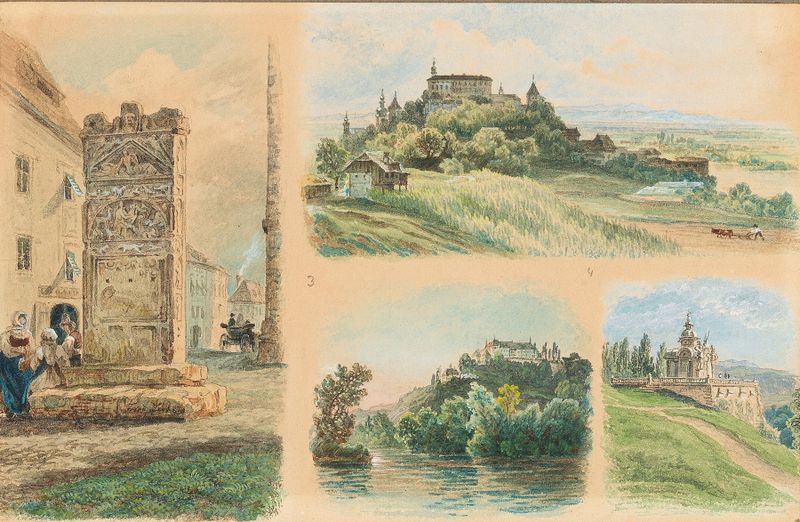 Landscape featuring a river, castle, and Roman monument by Friedrich Loos