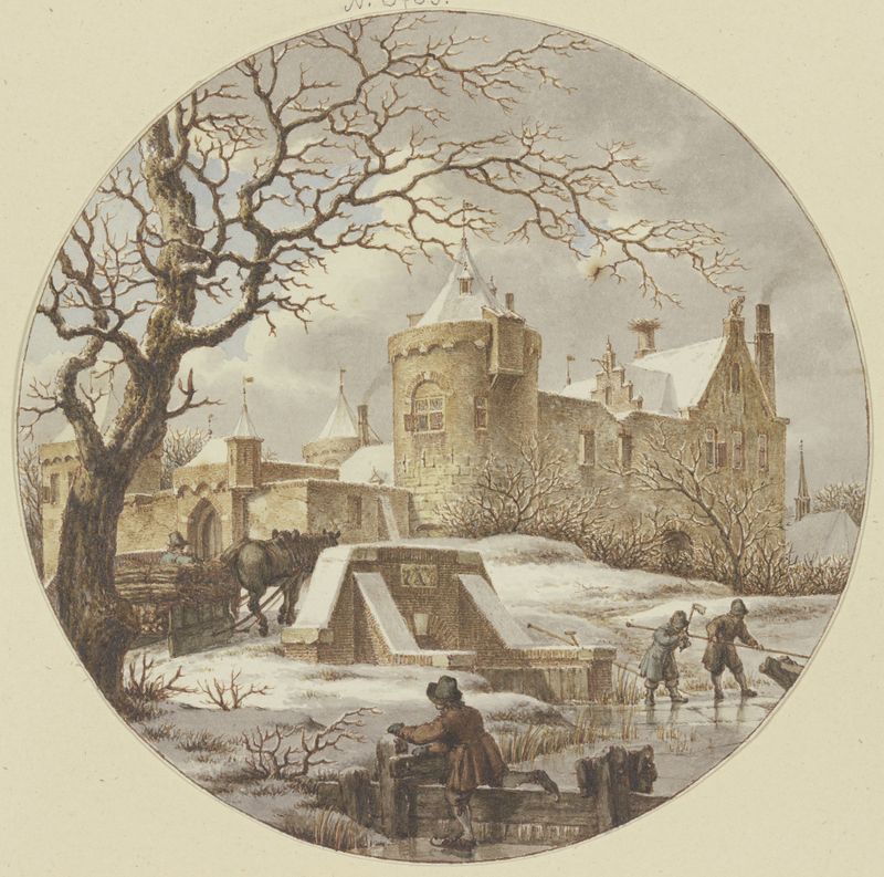 Winter landscape with a bridge and sled by Jacob Cats, 1788
