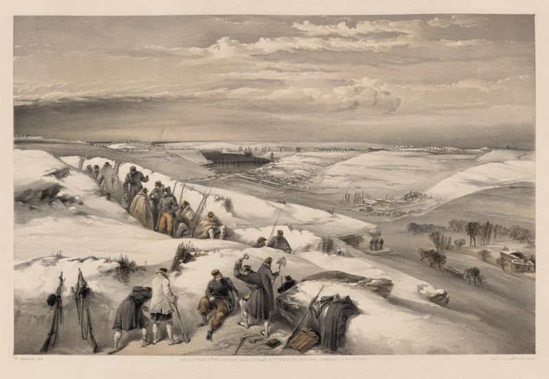 Historical ink on paper work by William Simpson depicting soldiers in battle