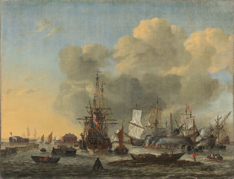 O calafateamento de navios no Bothuisje no Het IJ em Amsterdã por Reinier Nooms, óleo