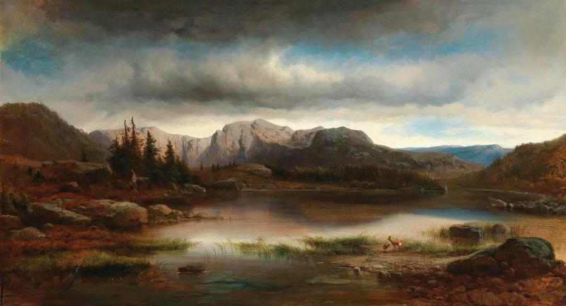 An Evening Landscape with a Mountain Lake by Carl Millner, oil on canvas depicting a serene twilight scene.