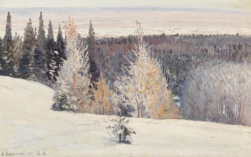 Paisagem de inverno com neve de Alexandr Borisov, pintura a óleo