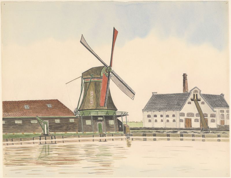 Paisagem com um moinho de vento e um rio de Johannes Nicolaas Eijman, pintura a óleo