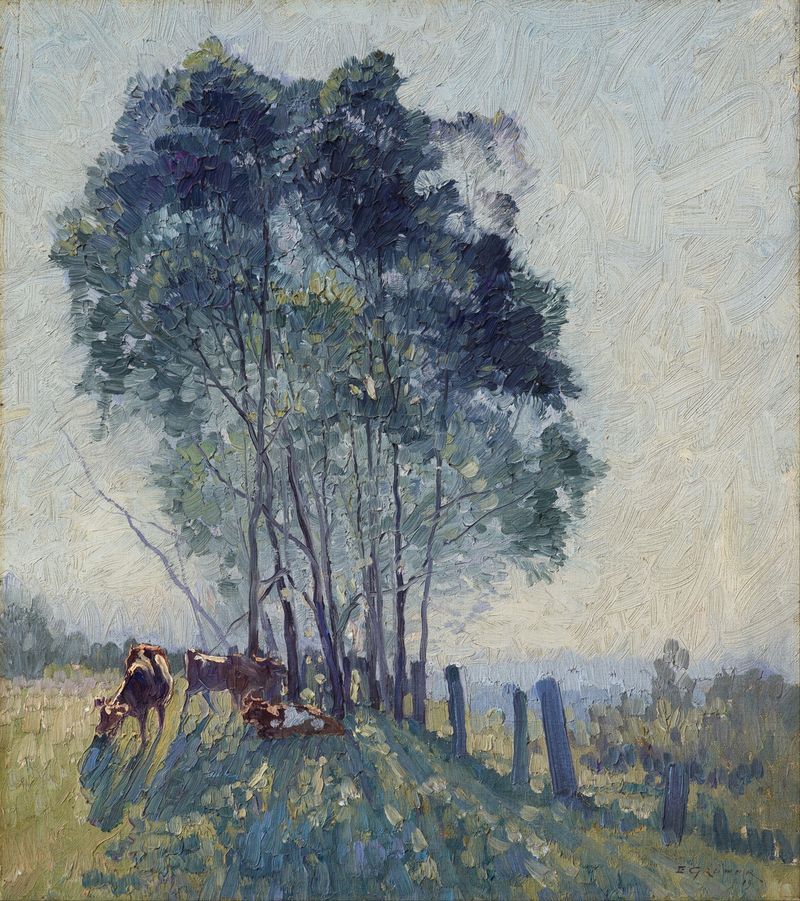 Paisagem com vegetação exuberante e luz solar, pintura a óleo de Elioth Gruner
