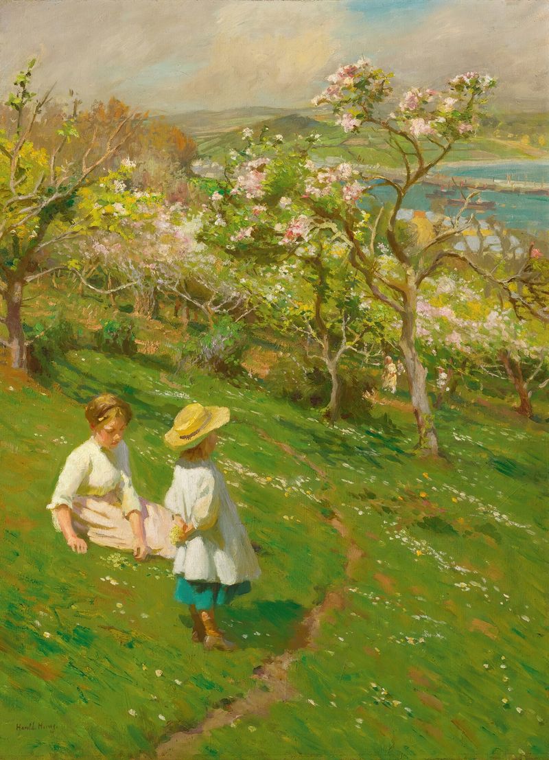 Springtime In The Orchard by Harold Harvey, oil painting featuring vibrant flowers and greenery.