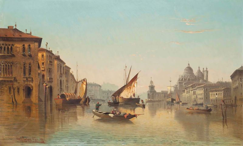 Vessels on the Grand Canal, Venice de Carl Kauffman, óleo sobre tela representando barcos na água ao pôr do sol