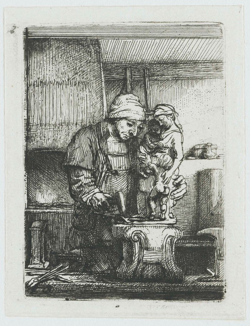 Grabado de Rembrandt van Rijn que muestra a un orfebre trabajando bajo una lámpara