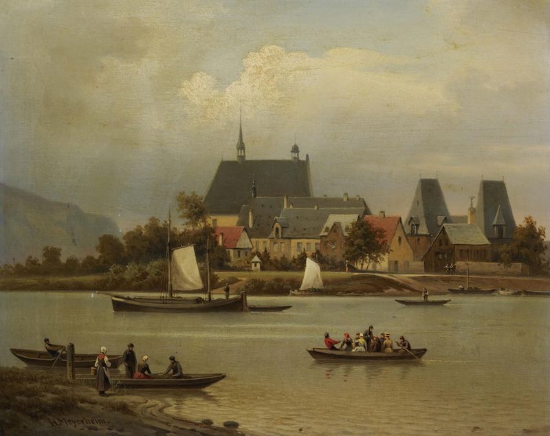 A Ilha de Niederwerth no Reno, óleo sobre tela de Hermann Meyerheim