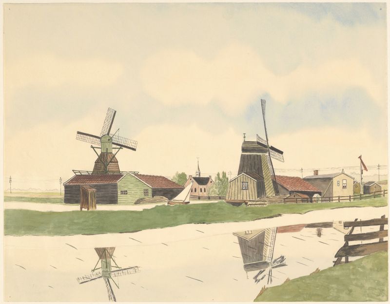 Paisagem com moinhos ao pôr do sol de Johannes Nicolaas Eijman
