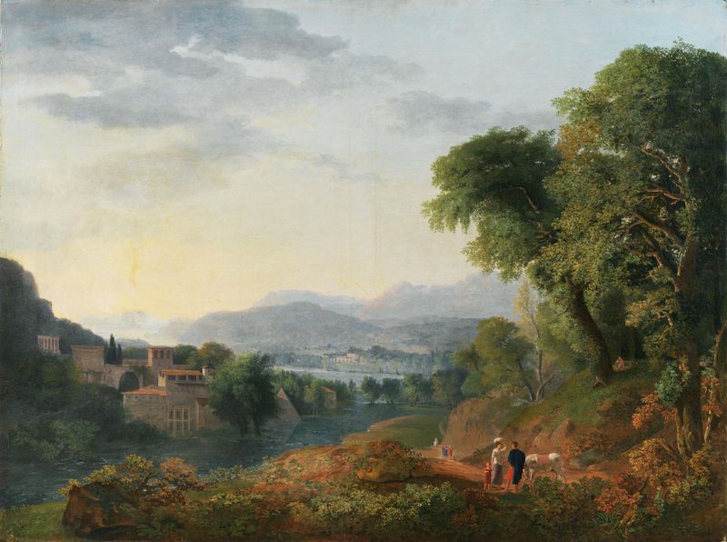 Italianate landscape oil painting by Carlo Labruzzi featuring rolling hills and sunlight