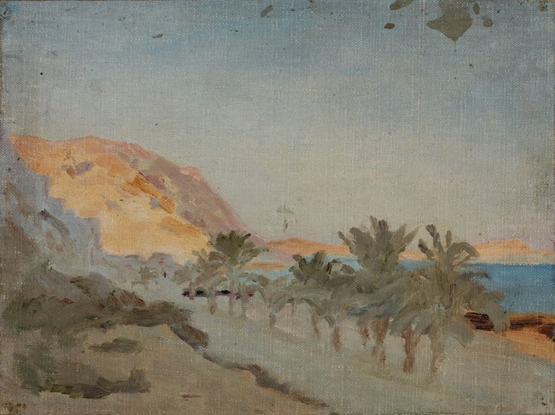 Landscape of Alicante with harbor and boats, oil on canvas by Jan Ciągliński