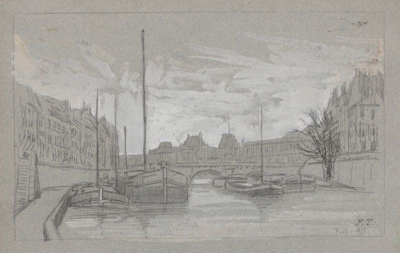 Oil painting by Jean-François Taelemans depicting boats on the Seine near a bridge.