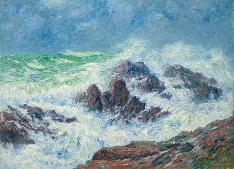 Gros Temps À Saint Grenoble, Pointe De Penmarc’h by Henry Moret, oil on canvas depicting crashing waves and cliffs.