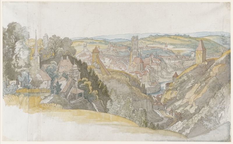 Pintura a óleo de paisagem de Georg Ludwig Vogel retratando Friburgo ao amanhecer