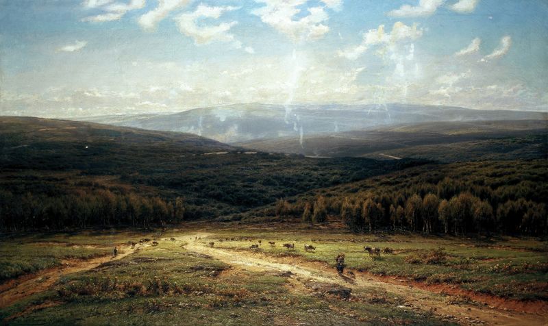 Landscape at Poix-Saint-Hubert, oil on canvas by Joseph Van Luppen, featuring rolling hills and a gray sky.