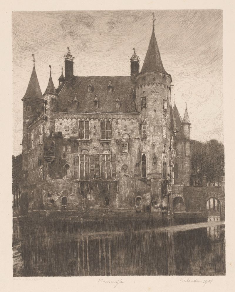 Kasteel Heeswijk Heeswijk de Willem Wenckebach, óleo sobre lienzo, representando un castillo contra un cielo tormentoso