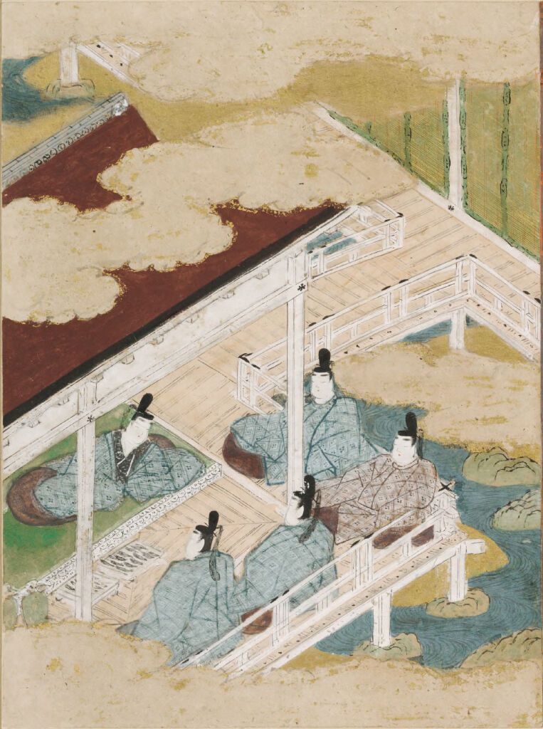 Illustration by Tosa Mitsunobu, gold medium, featuring a figure in flowing pink robes.