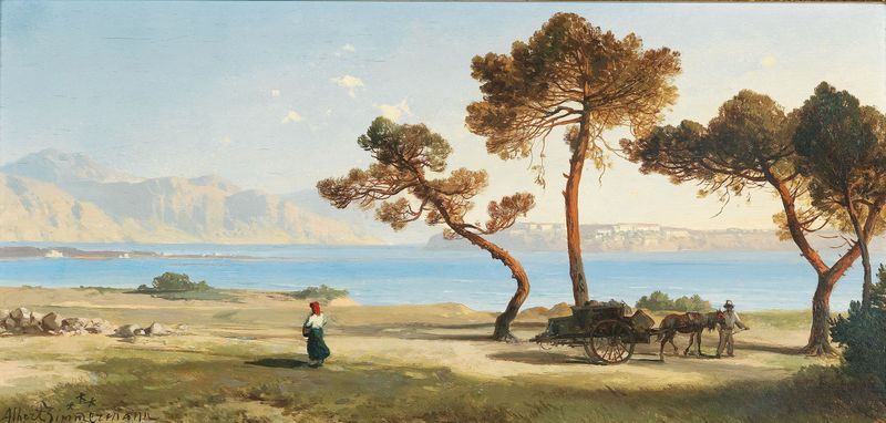 Romanticism oil painting by Albert Zimmermann depicting a serene landscape with light and shadow.