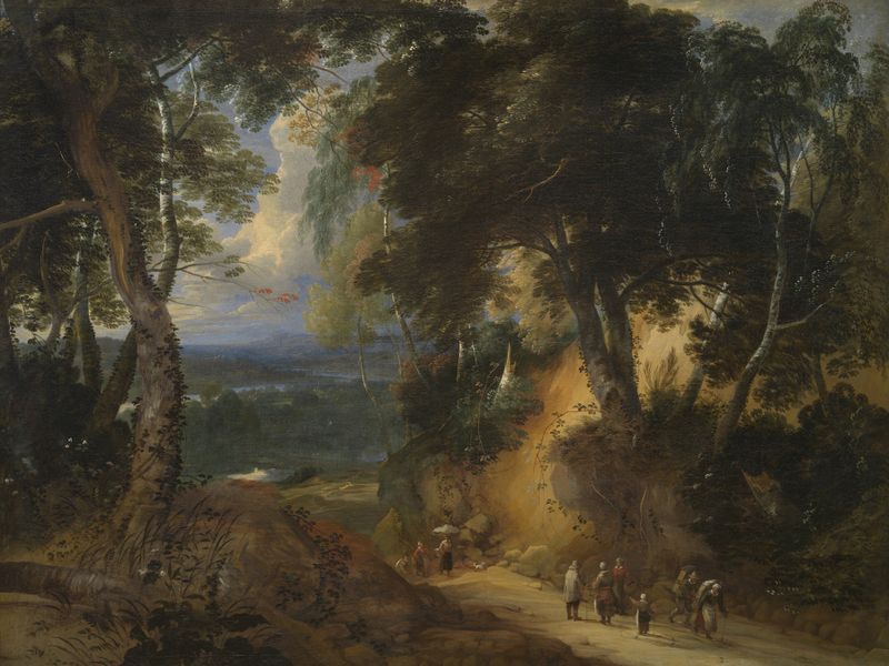 The Soignes Forest by Lodewijk de Vadder, oil painting depicting a tranquil woodland with sunlight.